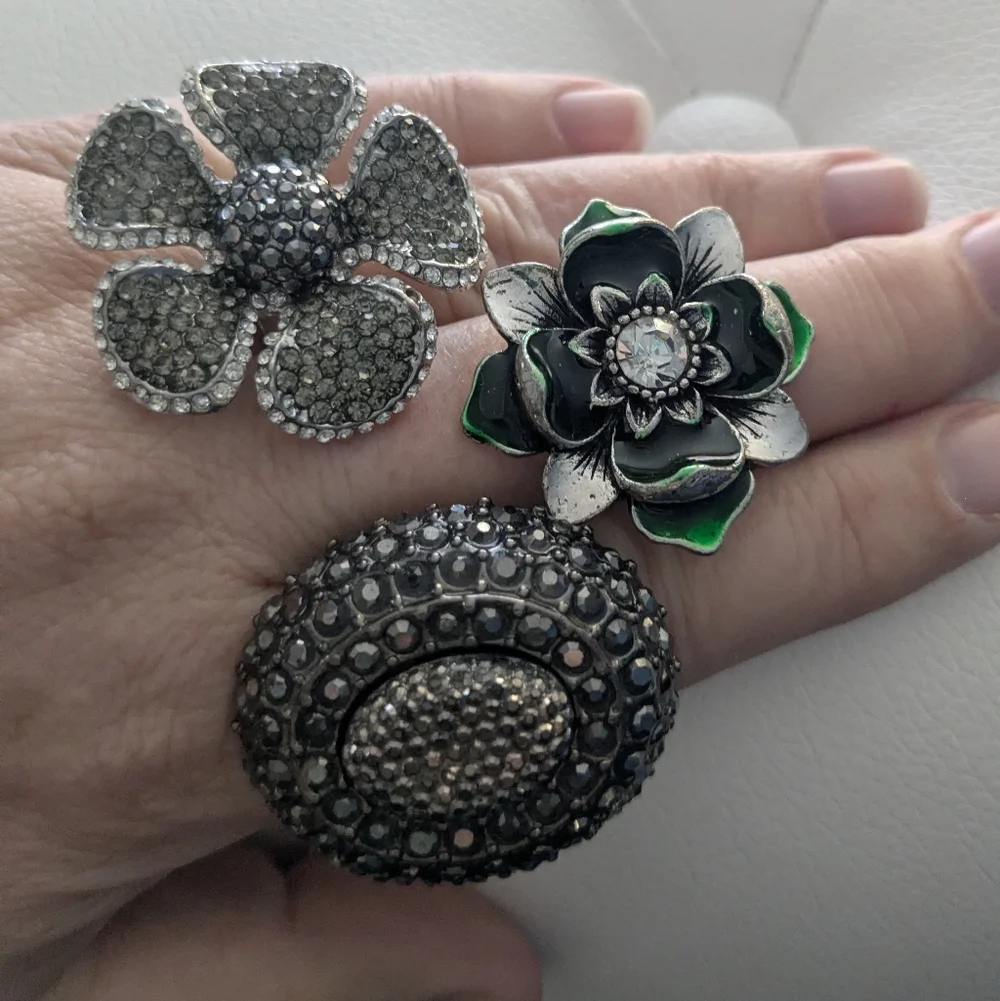 3 Adjustable Size Statement Rings Silver and Marcasite Floral
